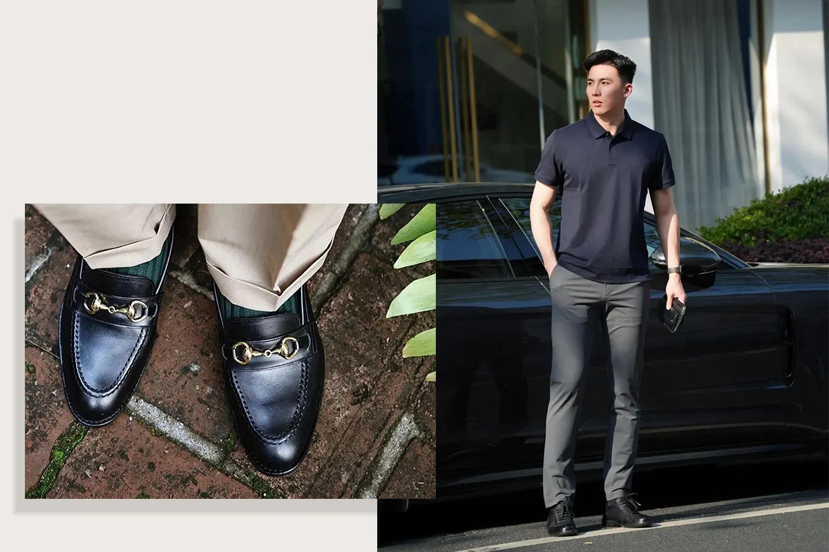 穿著黑色休閒服裝搭配黑色皮鞋的男士與樂福鞋特寫